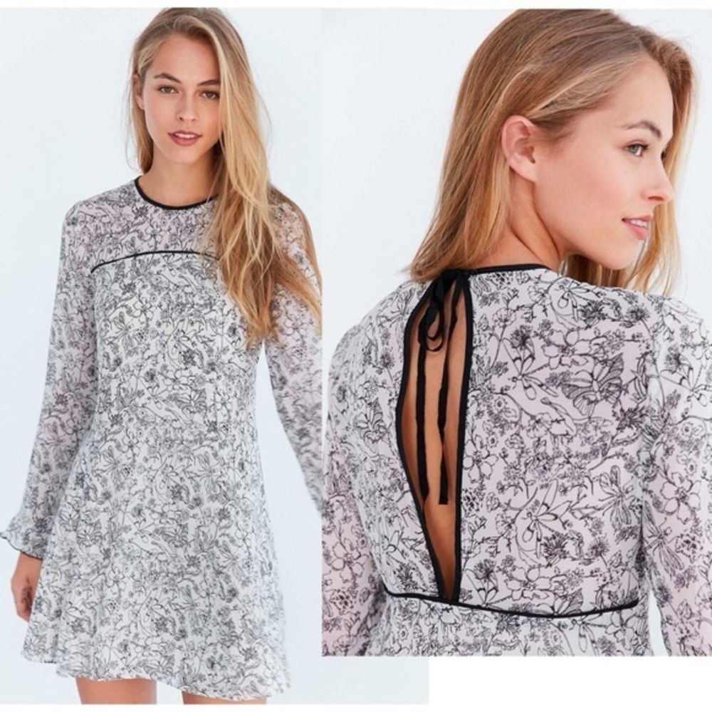 Kimchi Blue | Women's small dragonfly sheer ivory yoke mini frock dress with tie